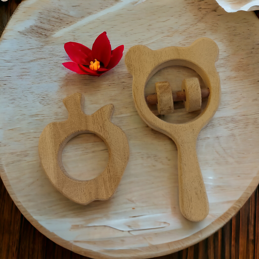 Healthy Neem Wooden Apple Shaped Teether & Mickey Head Shaped Rattle - Tinycubs - 