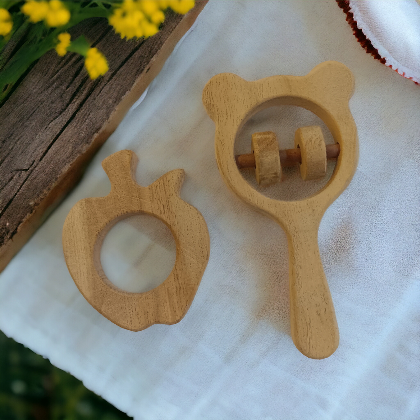 Healthy Neem Wooden Apple Shaped Teether & Mickey Head Shaped Rattle - Tinycubs - 