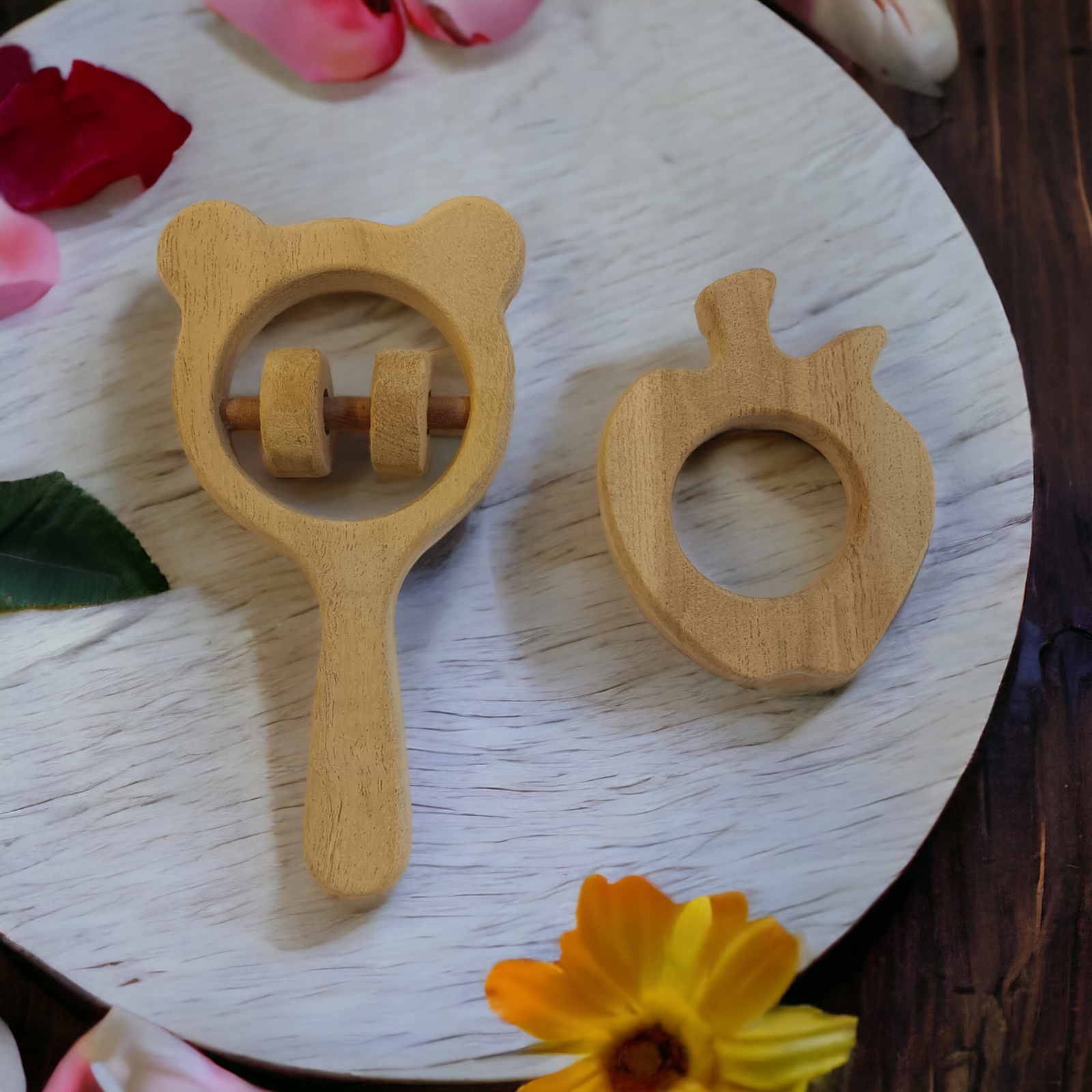 Healthy Neem Wooden Apple Shaped Teether & Mickey Head Shaped Rattle - Tinycubs - 