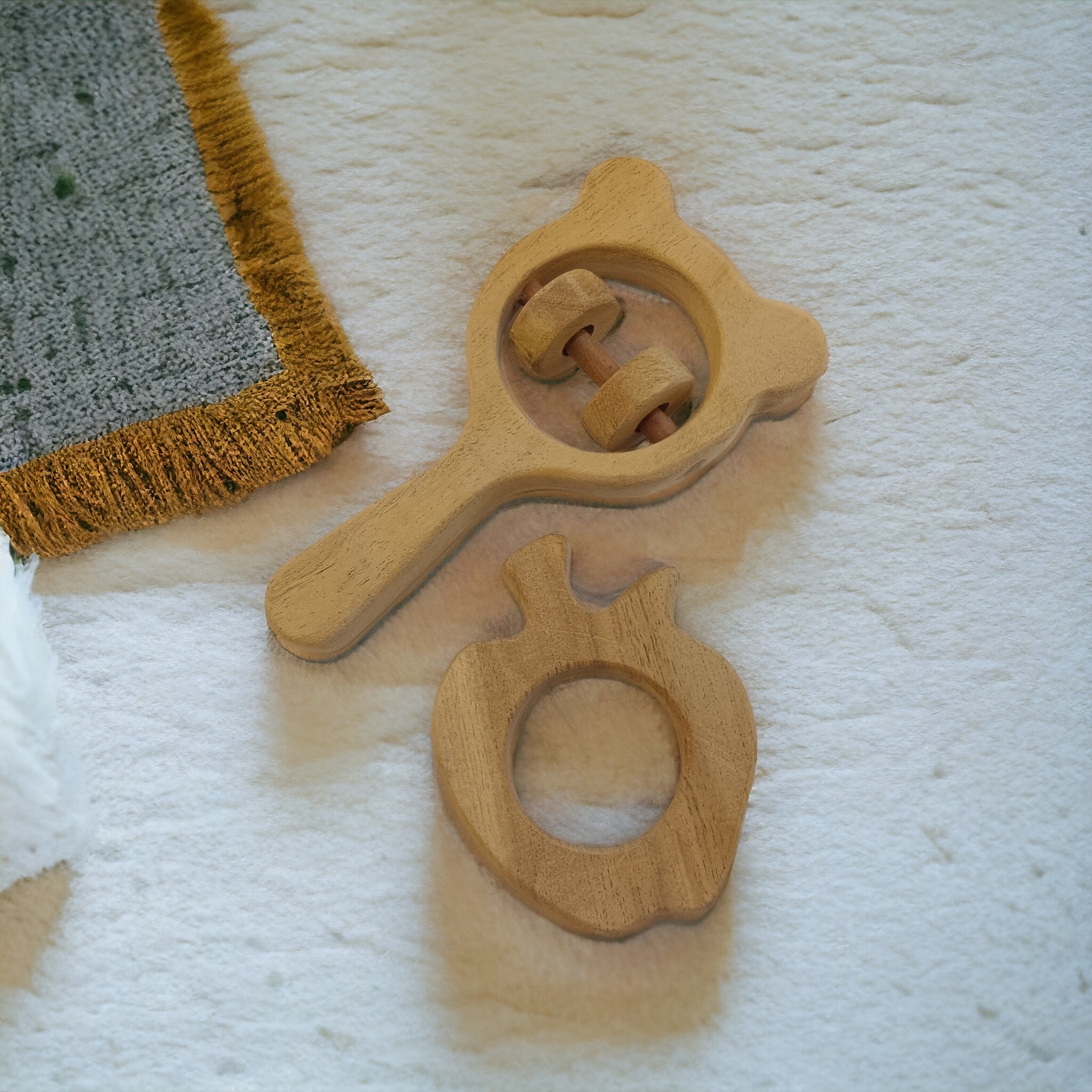 Healthy Neem Wooden Apple Shaped Teether & Mickey Head Shaped Rattle - Tinycubs - 