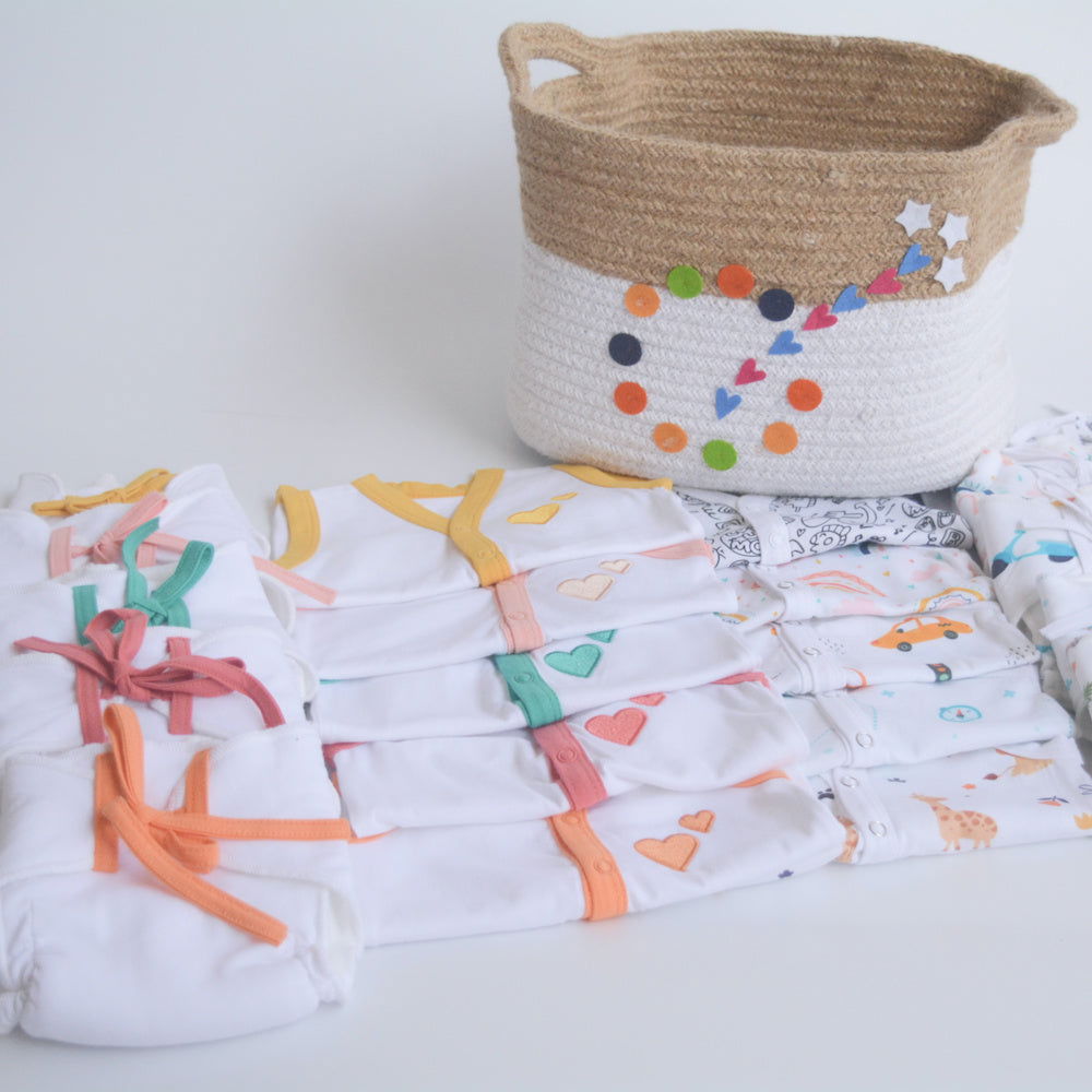 Hearts & Colours Basket- Everyday Essentials Nappy & Vest (Set of 20) - Tinycubs - 