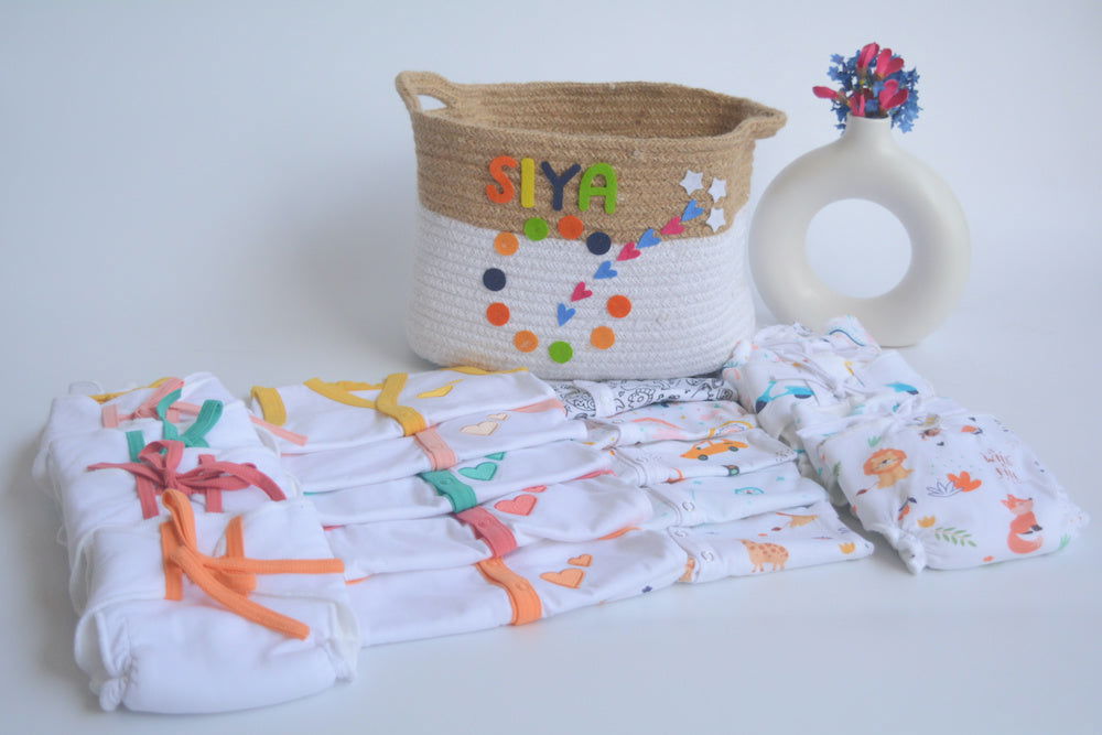 Hearts & Colours Basket- Everyday Essentials Nappy & Vest (Set of 20) - Tinycubs - 