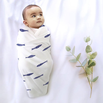 Indigo Aquarium Organic Bamboo Baby Swaddle | 120 x 120 cm - Tinycubs - 