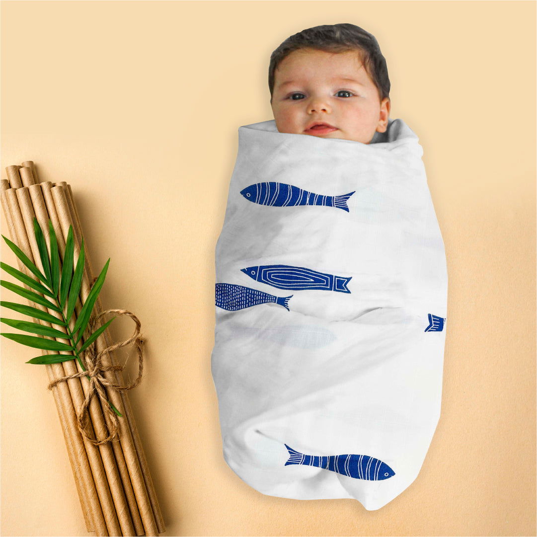Indigo Aquarium Organic Bamboo Baby Swaddle | 120 x 120 cm - Tinycubs - 