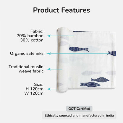 Indigo Aquarium Organic Bamboo Baby Swaddle | 120 x 120 cm - Tinycubs - 