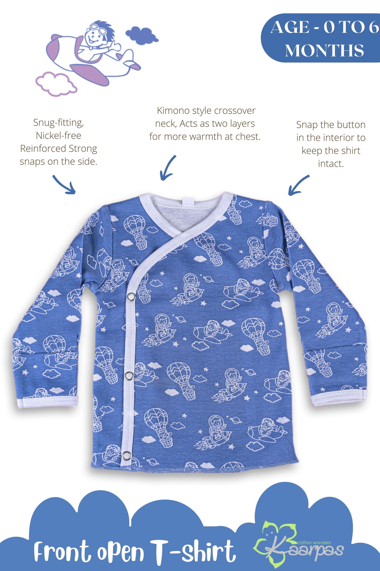 Into the sky with parachute front open side snap full sleeves T-shirt - Blue - Tinycubs - 