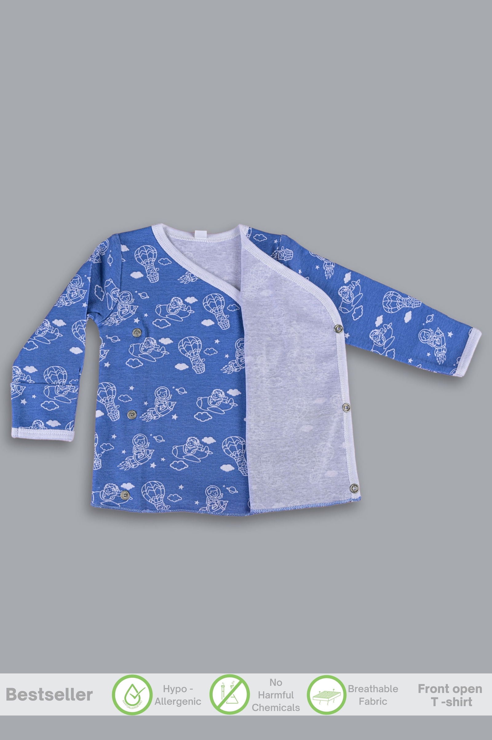 Into the sky with parachute front open side snap full sleeves T-shirt - Blue - Tinycubs - 
