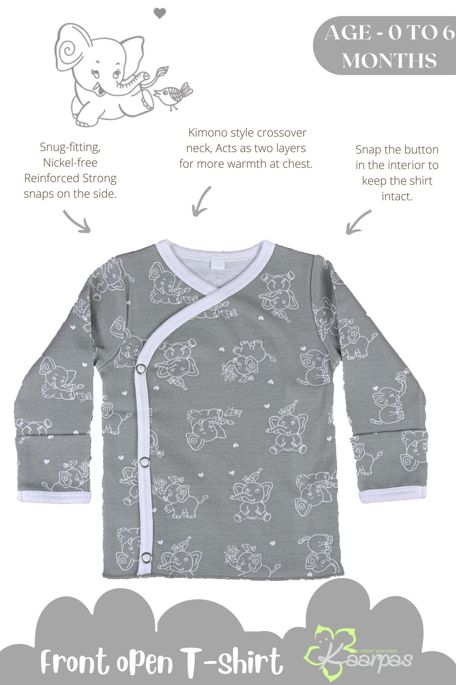 Jumbo Elephant front open side snap full sleeves T-shirt  - grey - Tinycubs - 