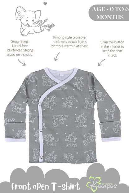Jumbo Elephant front open side snap full sleeves T-shirt  - grey - Tinycubs - 