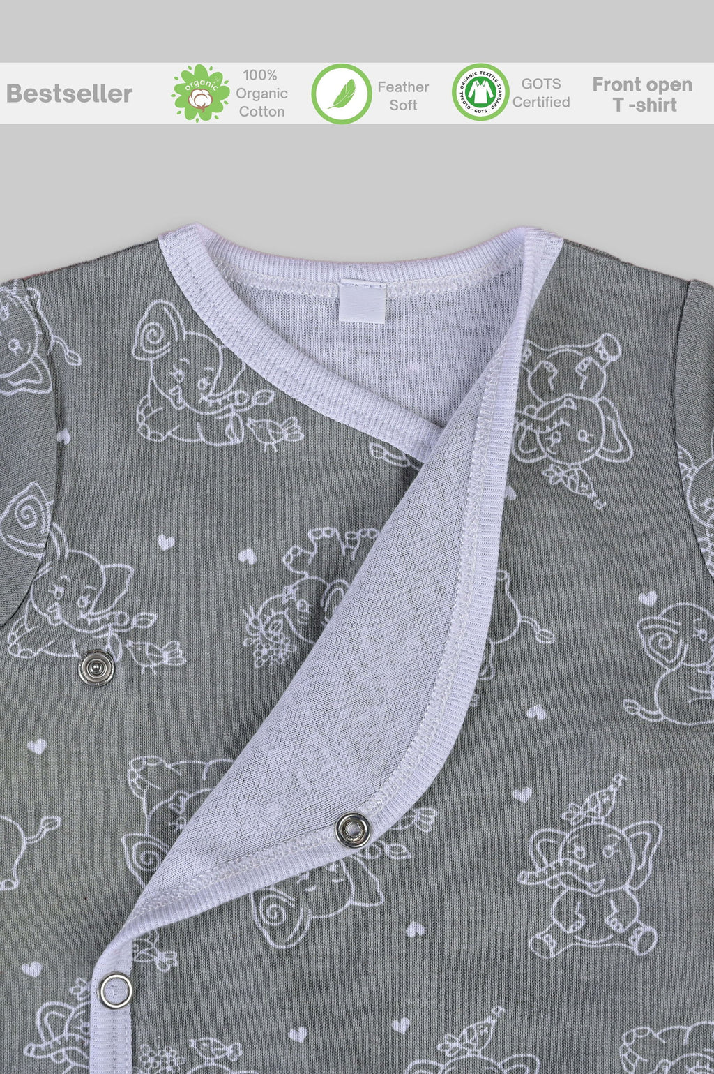 Jumbo Elephant front open side snap full sleeves T-shirt  - grey - Tinycubs - 