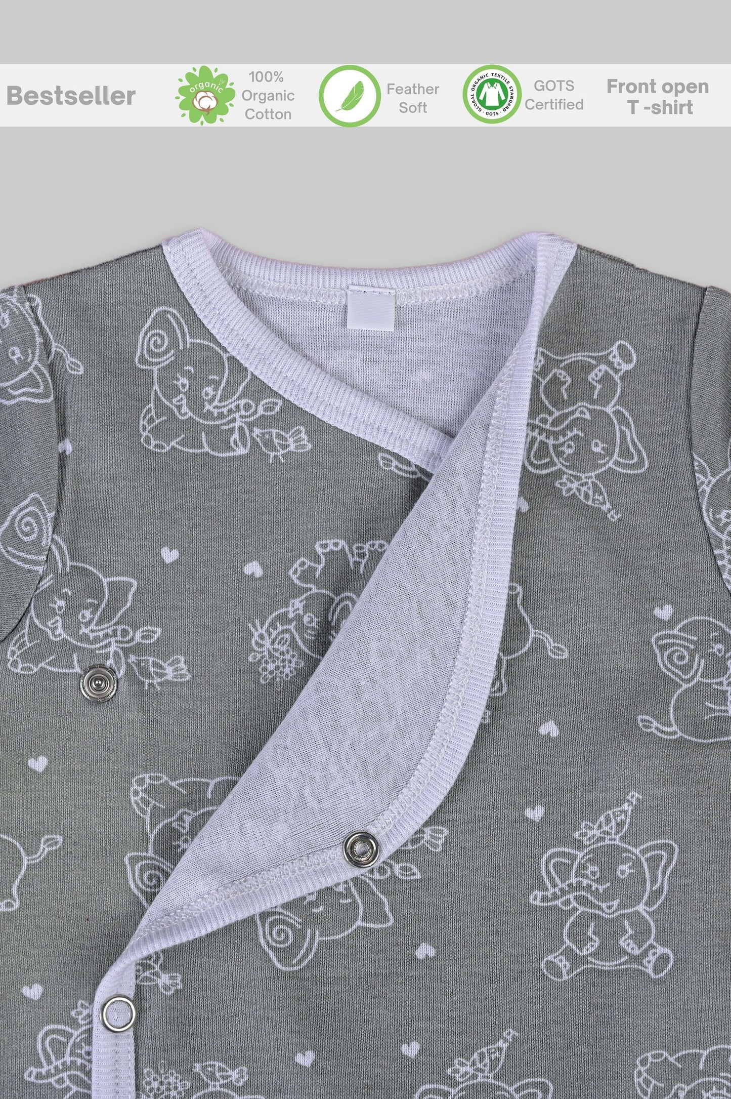 Jumbo Elephant front open side snap full sleeves T-shirt  - grey - Tinycubs - 