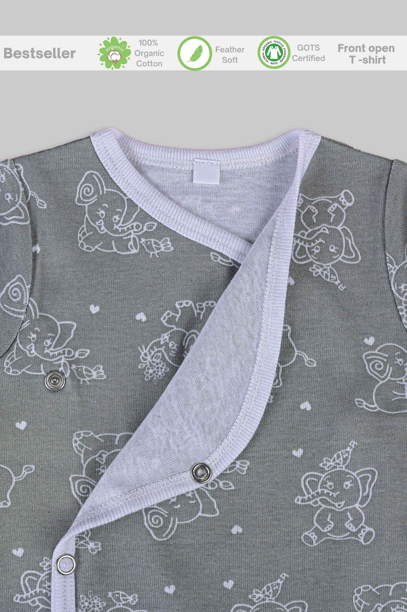 Jumbo Elephant front open side snap full sleeves T-shirt  - grey - Tinycubs - 