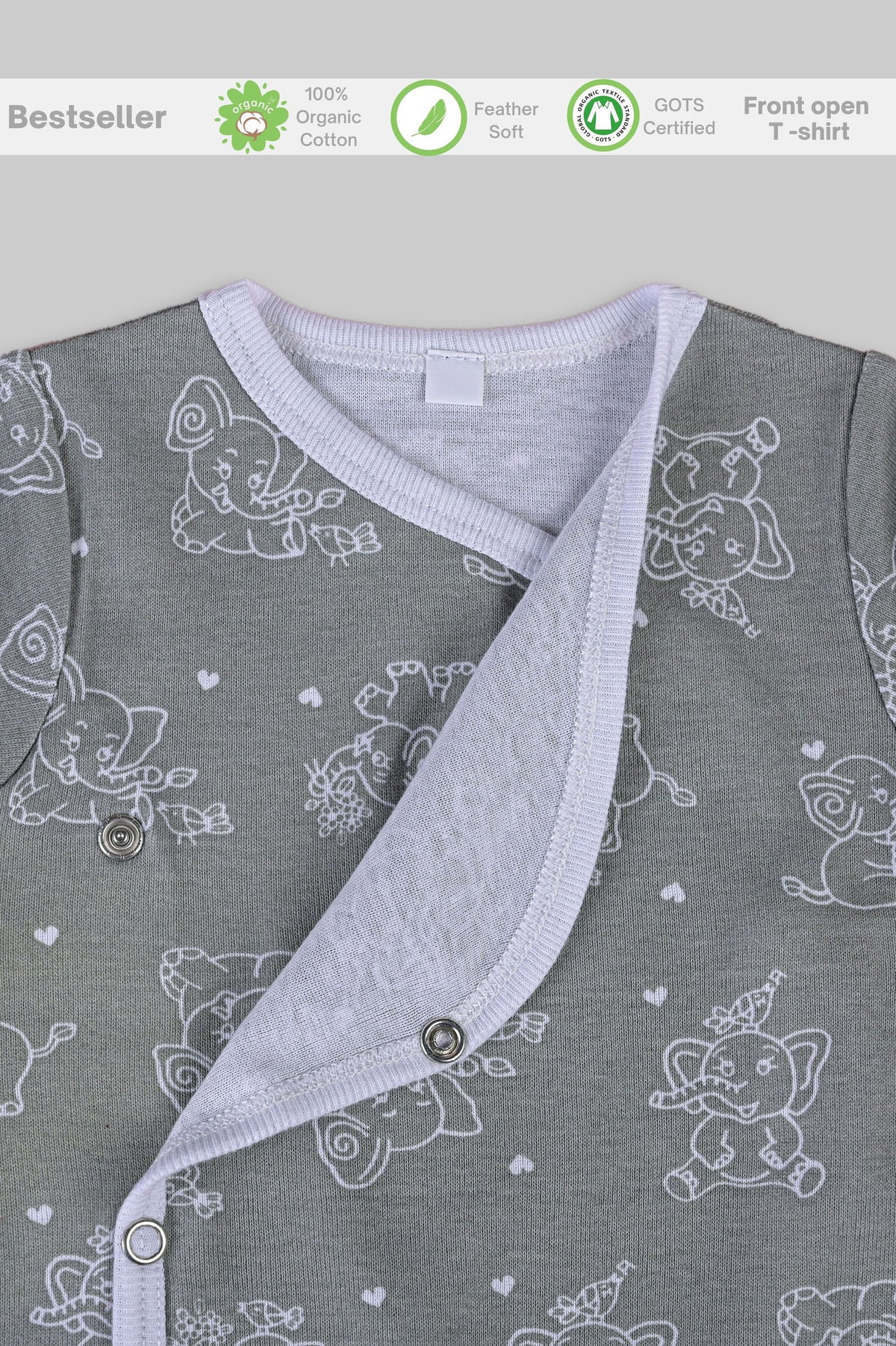 Jumbo Elephant front open side snap full sleeves T-shirt  - grey - Tinycubs - 