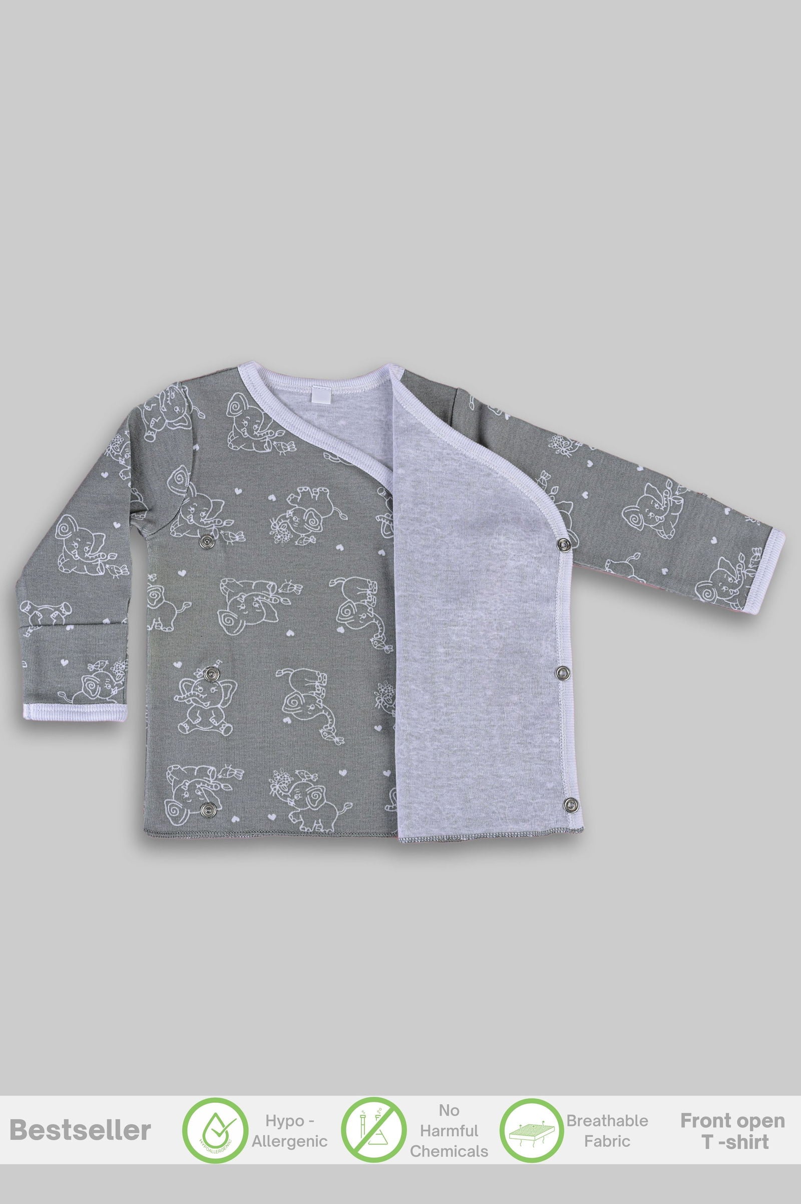 Jumbo Elephant front open side snap full sleeves T-shirt  - grey - Tinycubs - 