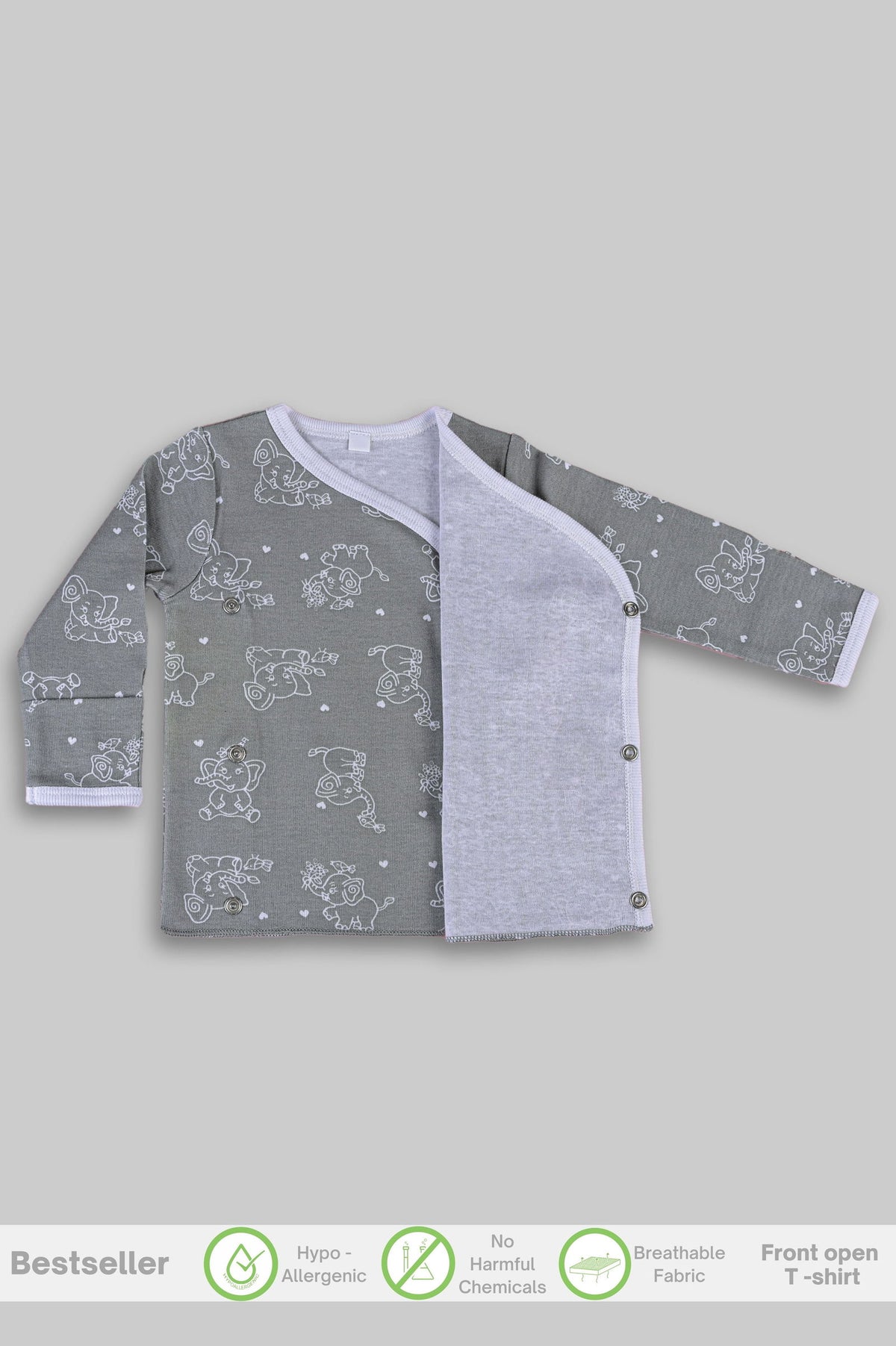 Jumbo Elephant front open side snap full sleeves T-shirt  - grey - Tinycubs - 