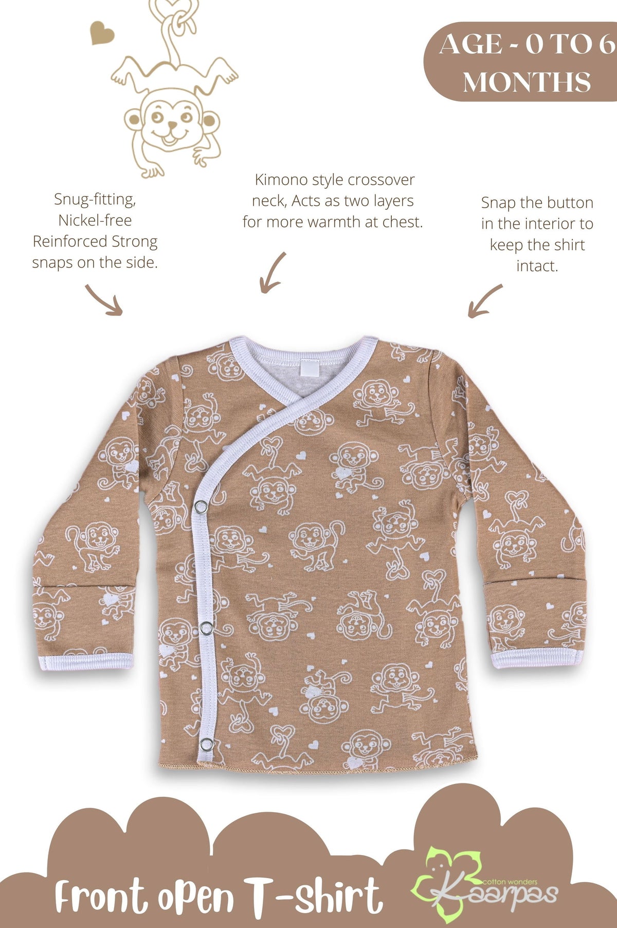 Jumping Monkey front-open side-snap full sleeves T-shirt - Brown - Tinycubs - 