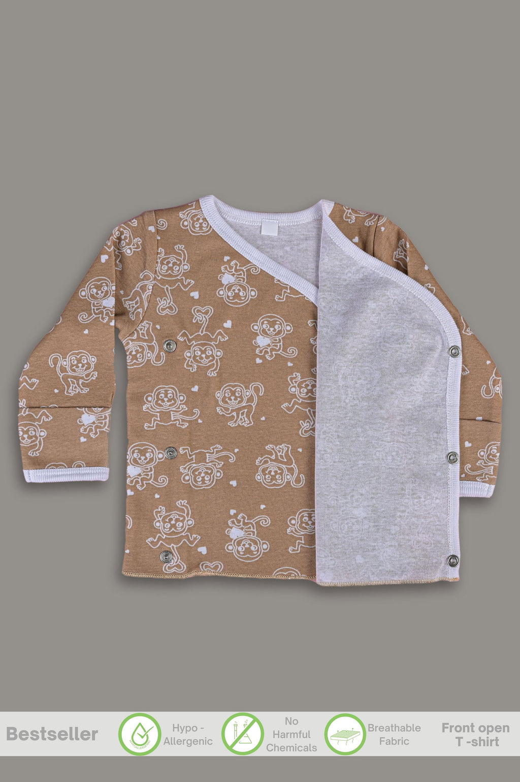 Jumping Monkey front-open side-snap full sleeves T-shirt - Brown - Tinycubs - 