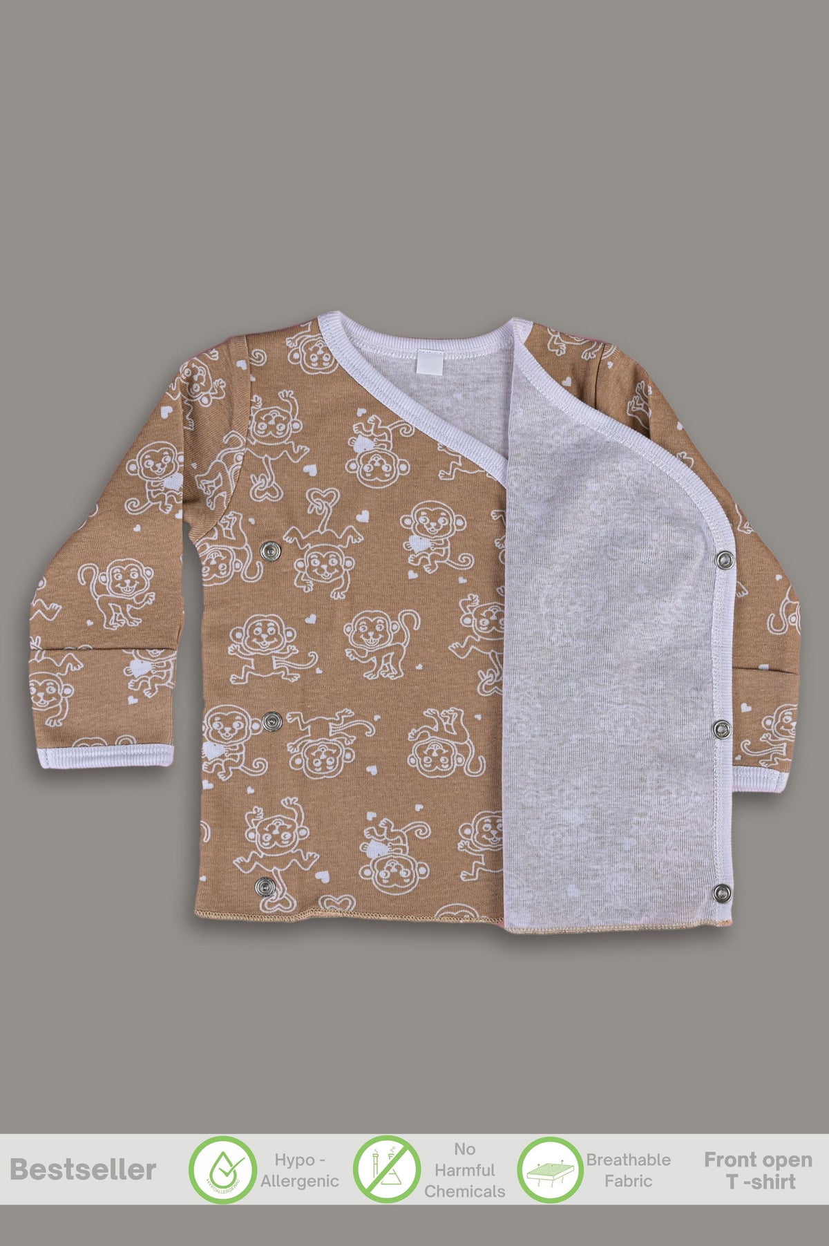 Jumping Monkey front-open side-snap full sleeves T-shirt - Brown - Tinycubs - 