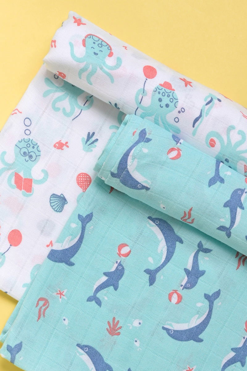 Kaarpas  ‘Ocean Dive’ organic muslin cotton swaddle 2 pack: Dolphin, Octopus - Tinycubs - 
