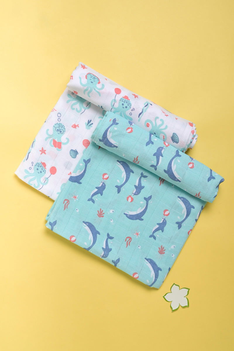 Kaarpas  ‘Ocean Dive’ organic muslin cotton swaddle 2 pack: Dolphin, Octopus - Tinycubs - 
