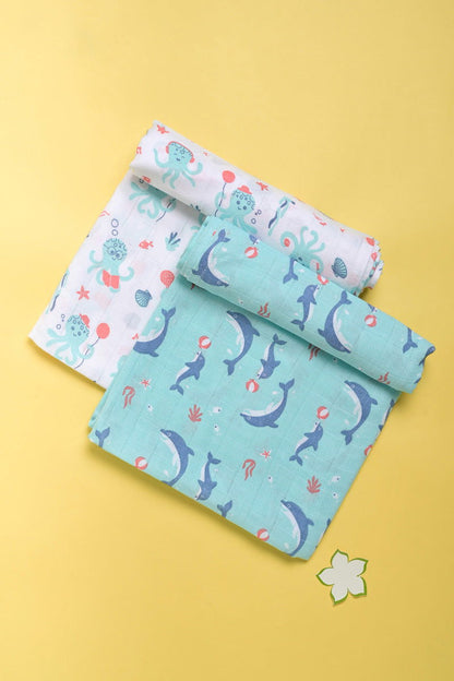 Kaarpas  ‘Ocean Dive’ organic muslin cotton swaddle 2 pack: Dolphin, Octopus - Tinycubs - 