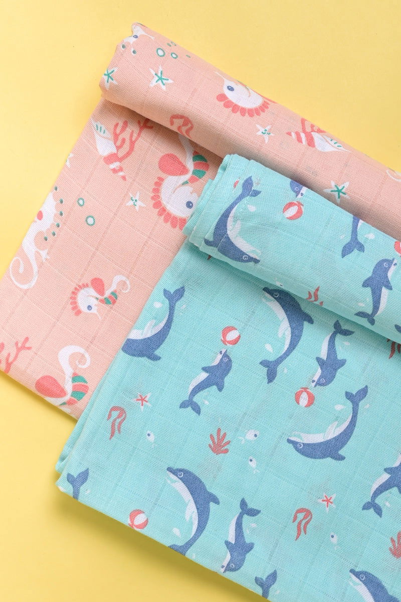 Kaarpas ‘Ocean Dive’ organic muslin cotton swaddle 2 pack: Dolphin, Seahorse - Tinycubs - 