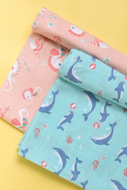 Kaarpas ‘Ocean Dive’ organic muslin cotton swaddle 2 pack: Dolphin, Seahorse - Tinycubs - 