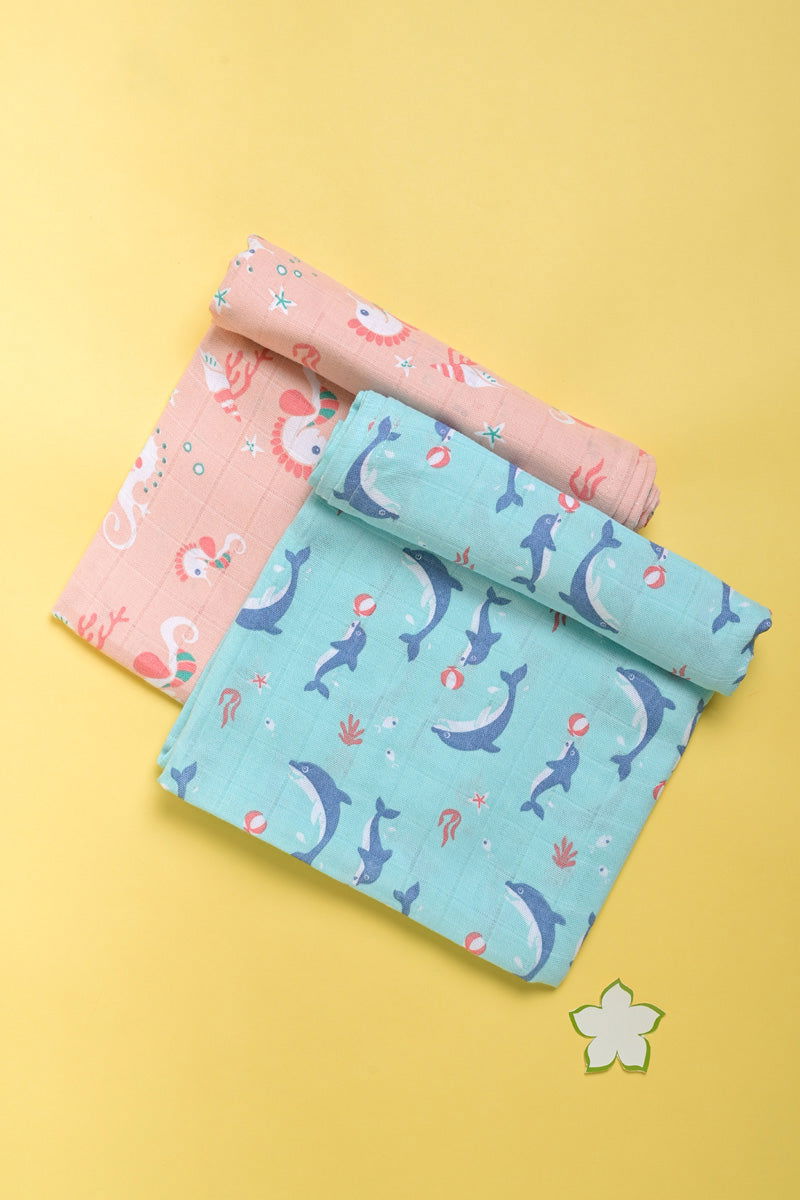 Kaarpas ‘Ocean Dive’ organic muslin cotton swaddle 2 pack: Dolphin, Seahorse - Tinycubs - 