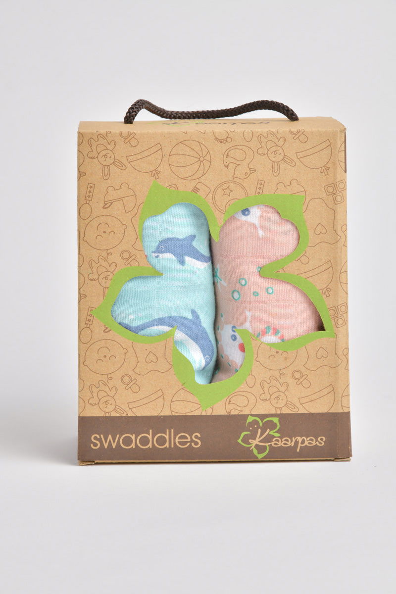 Kaarpas ‘Ocean Dive’ organic muslin cotton swaddle 2 pack: Dolphin, Seahorse - Tinycubs - 
