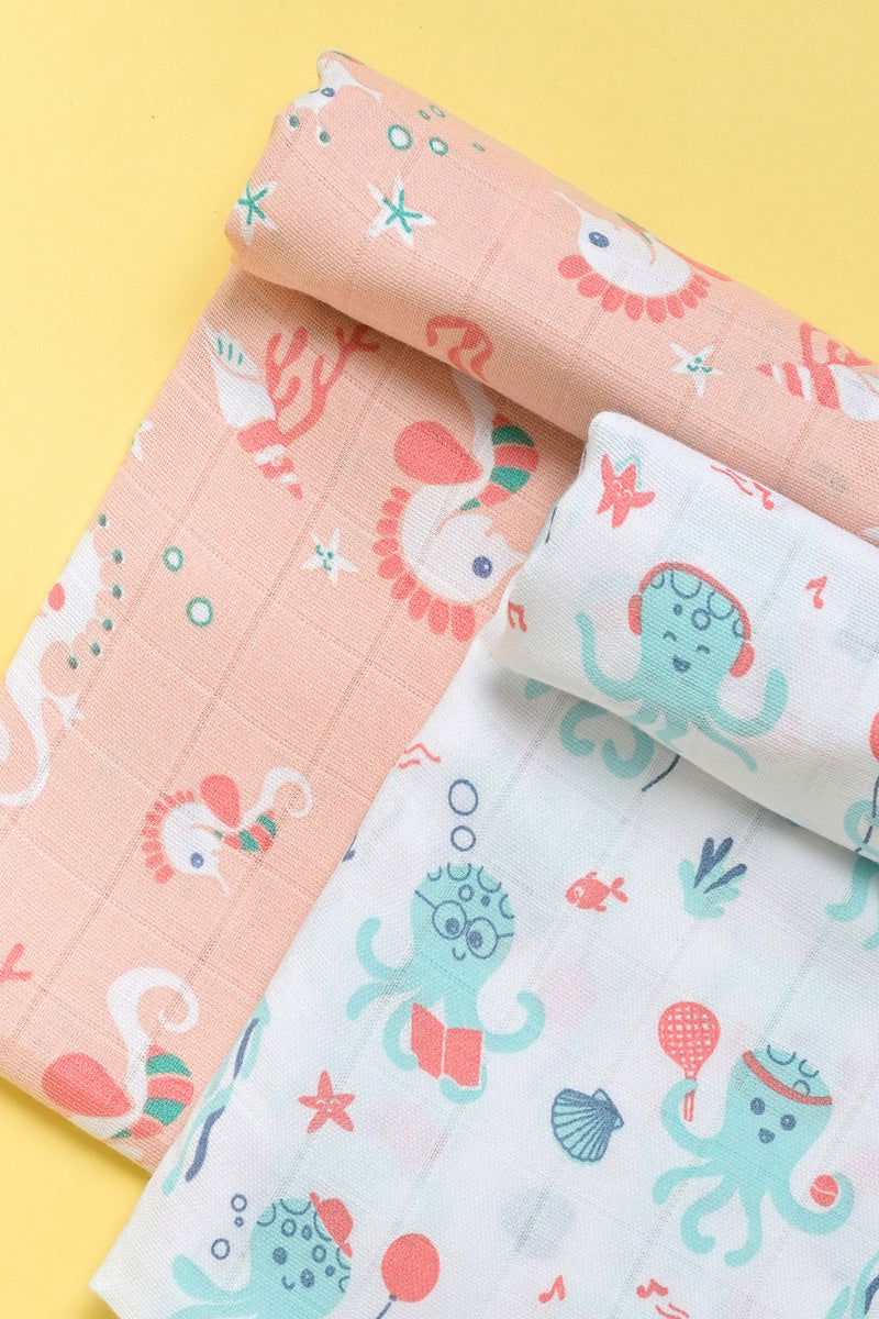 Kaarpas ‘Ocean Dive’ organic muslin cotton swaddle 2 pack: Octopus, Seahorse - Tinycubs - 