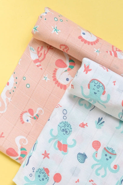 Kaarpas ‘Ocean Dive’ organic muslin cotton swaddle 2 pack: Octopus, Seahorse - Tinycubs - 