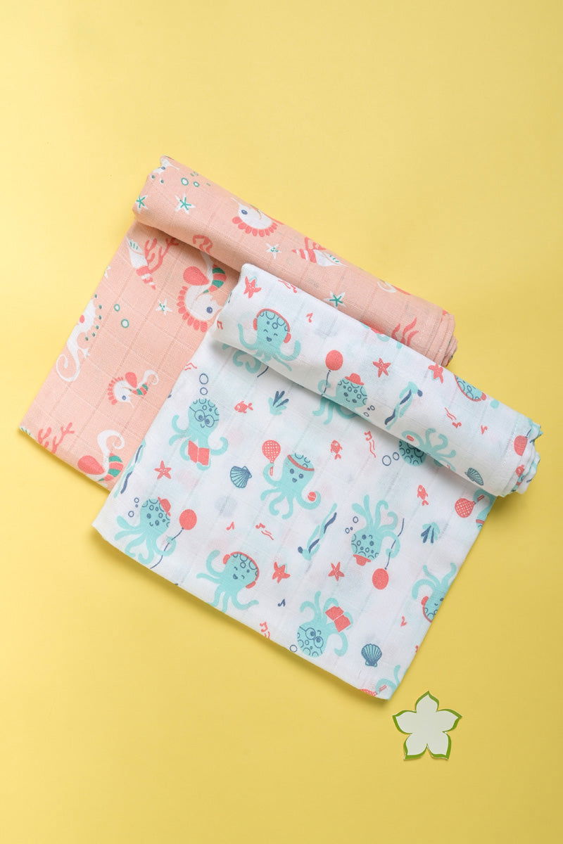 Kaarpas ‘Ocean Dive’ organic muslin cotton swaddle 2 pack: Octopus, Seahorse - Tinycubs - 