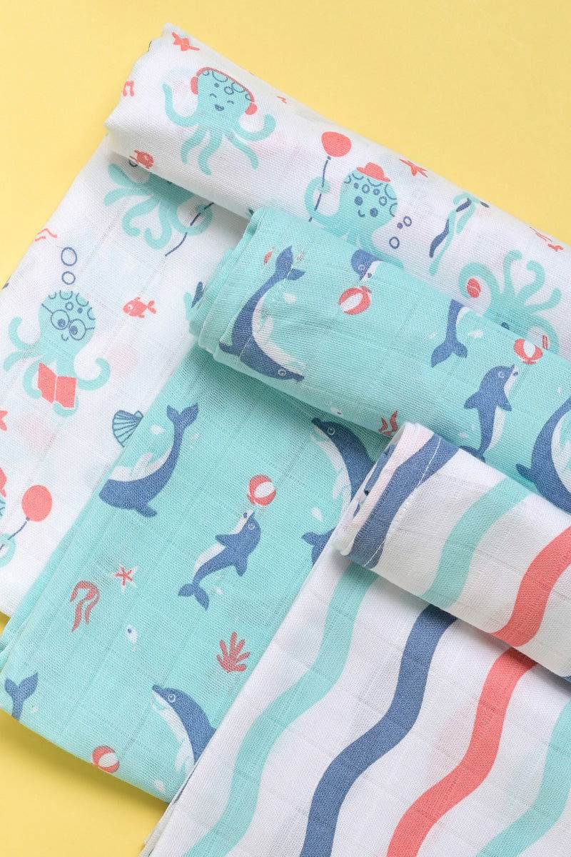 Kaarpas ‘Ocean Dive’ organic muslin cotton swaddle 3 pack: Dolphin, Octopus and Dreamy Waves - Tinycubs - 