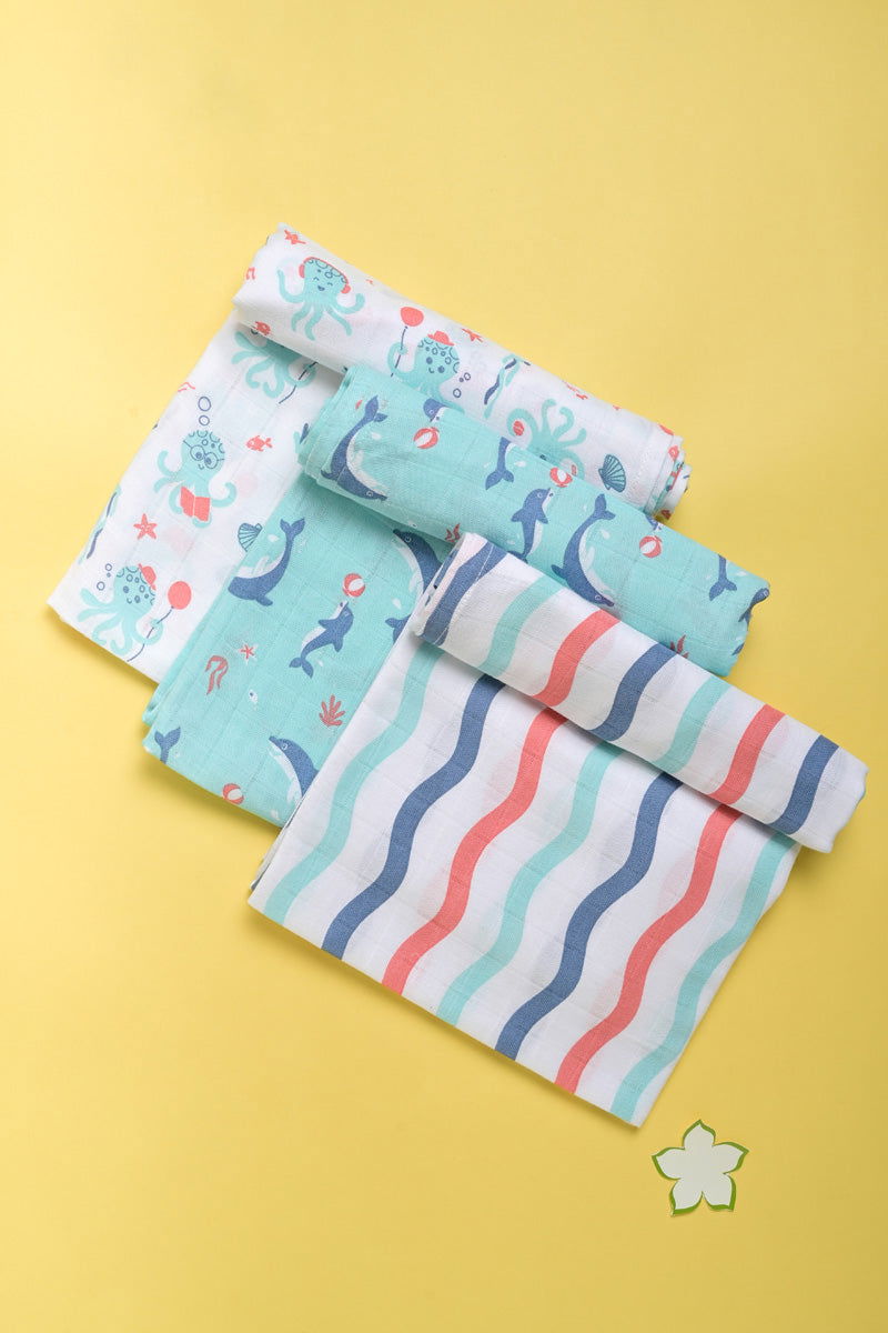 Kaarpas ‘Ocean Dive’ organic muslin cotton swaddle 3 pack: Dolphin, Octopus and Dreamy Waves - Tinycubs - 