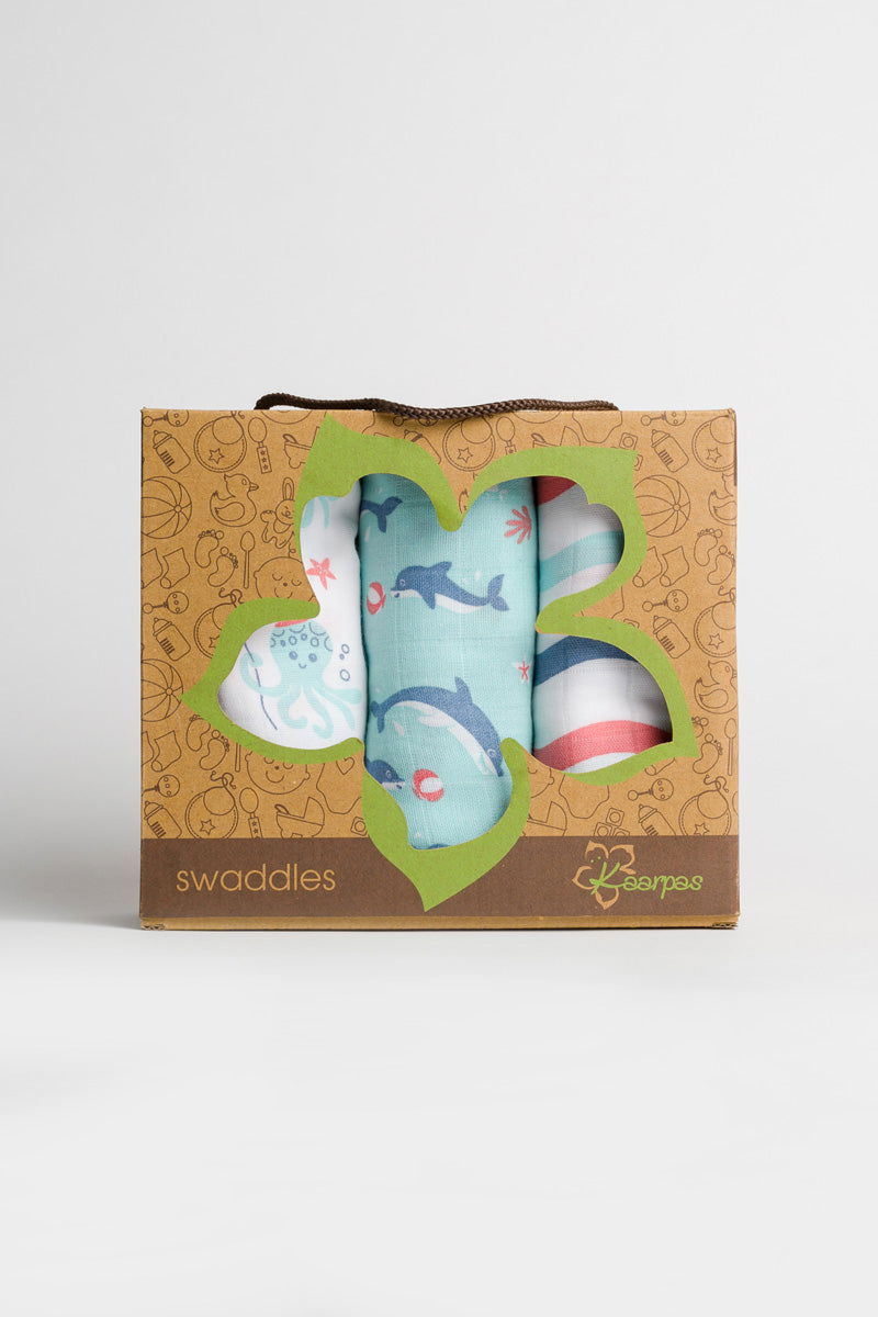 Kaarpas ‘Ocean Dive’ organic muslin cotton swaddle 3 pack: Dolphin, Octopus and Dreamy Waves - Tinycubs - 