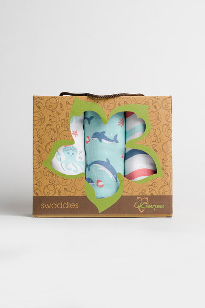 Kaarpas ‘Ocean Dive’ organic muslin cotton swaddle 3 pack: Dolphin, Octopus and Dreamy Waves - Tinycubs - 