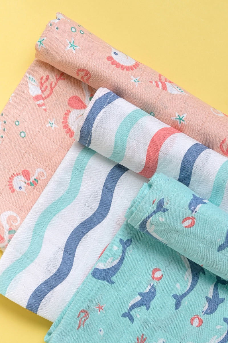 Kaarpas ‘Ocean Dive’ organic muslin cotton swaddle 3 pack: Dolphin, Seahorse and Dreamy Waves - Tinycubs - 