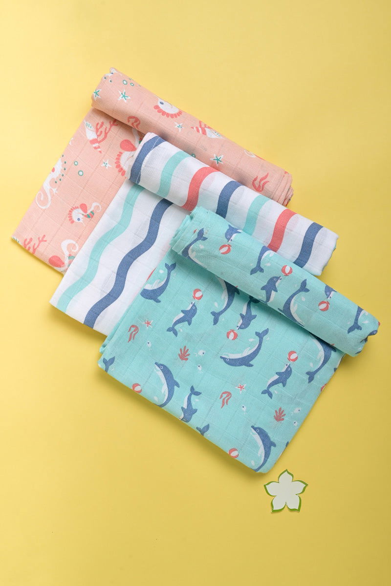 Kaarpas ‘Ocean Dive’ organic muslin cotton swaddle 3 pack: Dolphin, Seahorse and Dreamy Waves - Tinycubs - 