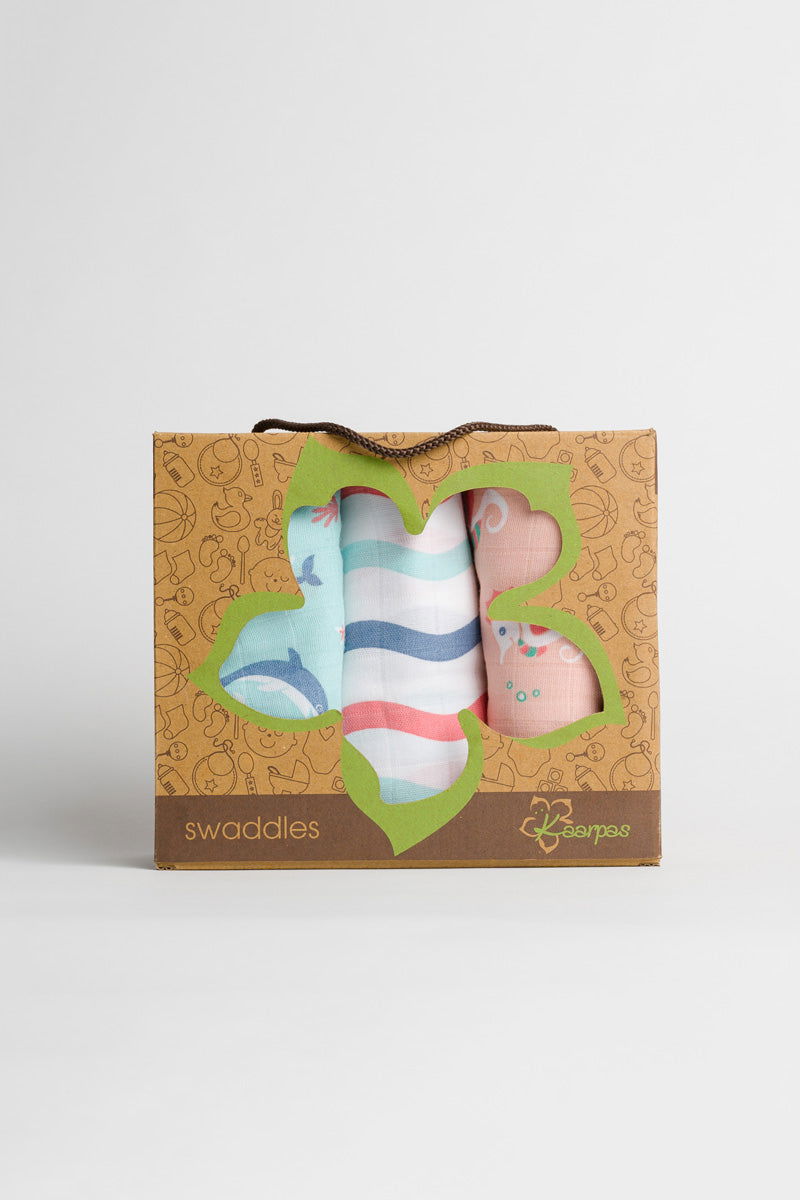 Kaarpas ‘Ocean Dive’ organic muslin cotton swaddle 3 pack: Dolphin, Seahorse and Dreamy Waves - Tinycubs - 