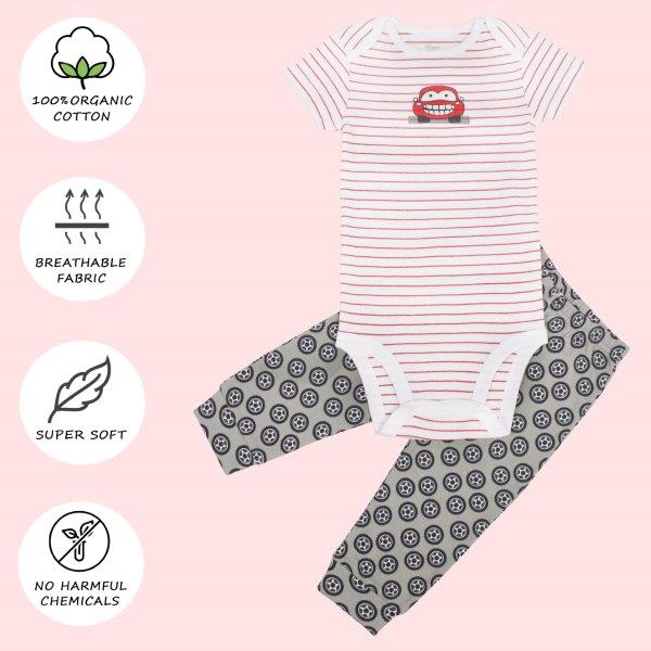 Kaarpas Premium Organic Cotton 2-Piece Car and Wheels Print Bodysuit - Onesie and Pant Set - Red and Grey - Tinycubs - 