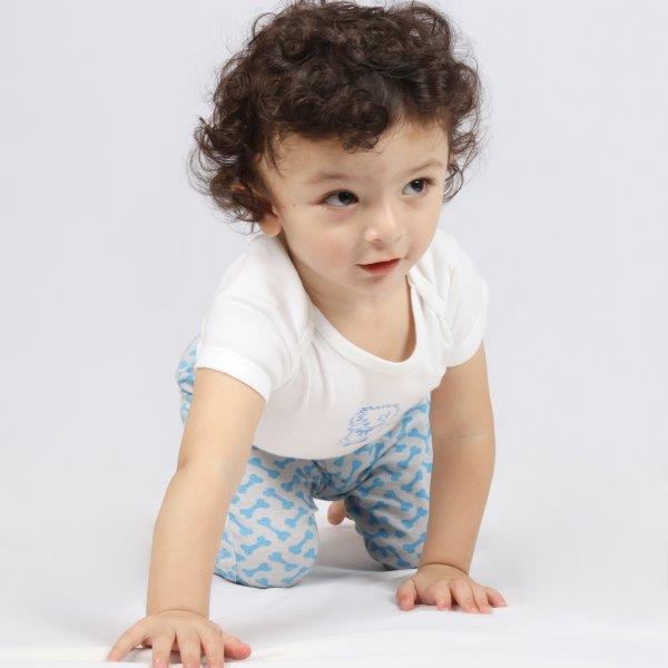Organic cotton baby bodysuit and pant set with dog design