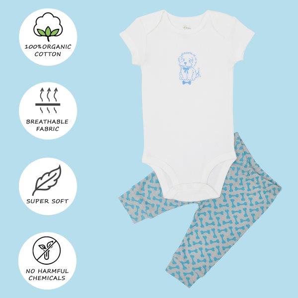 Organic cotton baby bodysuit and pant set with dog design