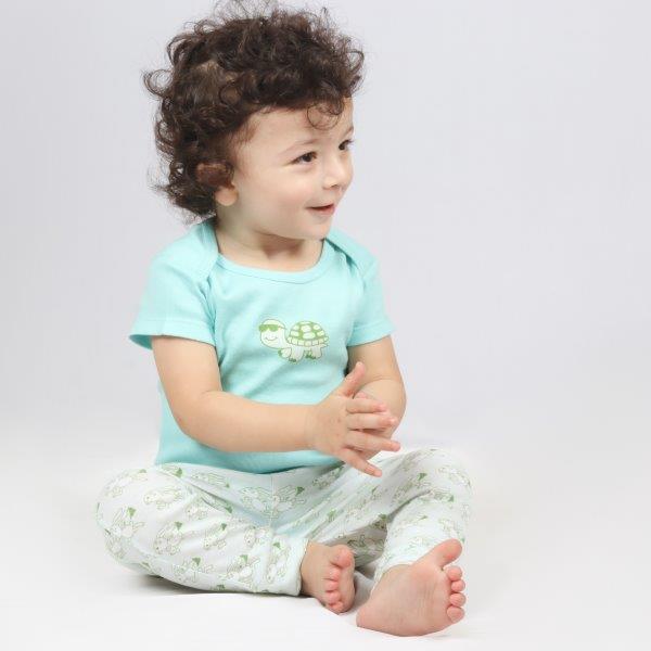 Organic cotton baby bodysuit and pant set with hare and tortoise design