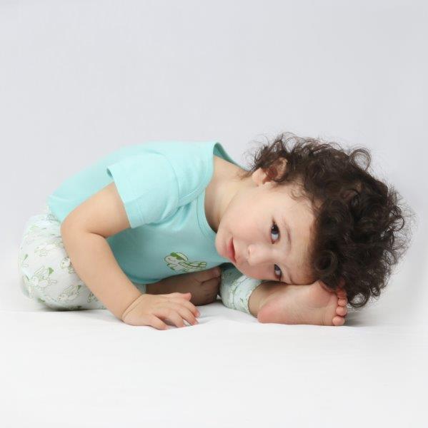 Organic cotton baby bodysuit and pant set with hare and tortoise design