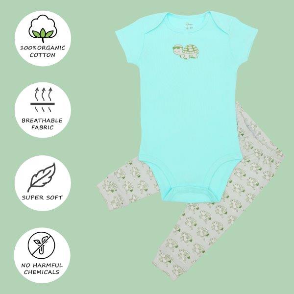 Organic cotton baby bodysuit and pant set with hare and tortoise design