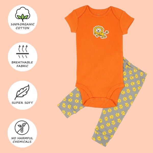 Kaarpas Premium Organic Cotton 2-Piece Lion and Paws Print Bodysuit - Onesie and Pant Set - Orange and Grey - Tinycubs - 
