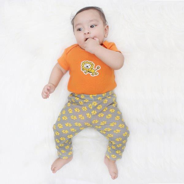 Kaarpas Premium Organic Cotton 2-Piece Lion and Paws Print Bodysuit - Onesie and Pant Set - Orange and Grey - Tinycubs - 