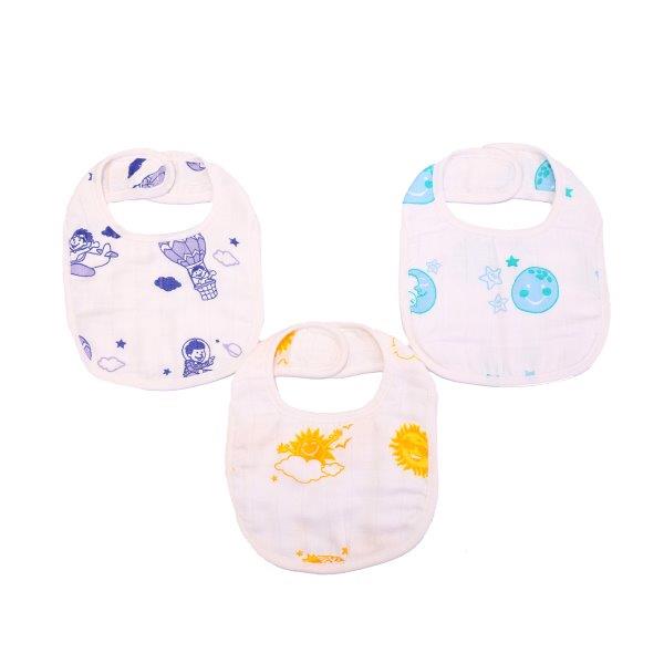 Kaarpas Premium Organic Cotton Muslin Bibs with Sky Theme of Sun, Moon and Parachute, Pack of 3 - Tinycubs - 