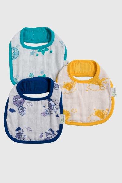 Kaarpas Premium Organic Cotton Muslin Bibs with Sky Theme of Sun, Moon and Parachute, Pack of 3 - Tinycubs - 