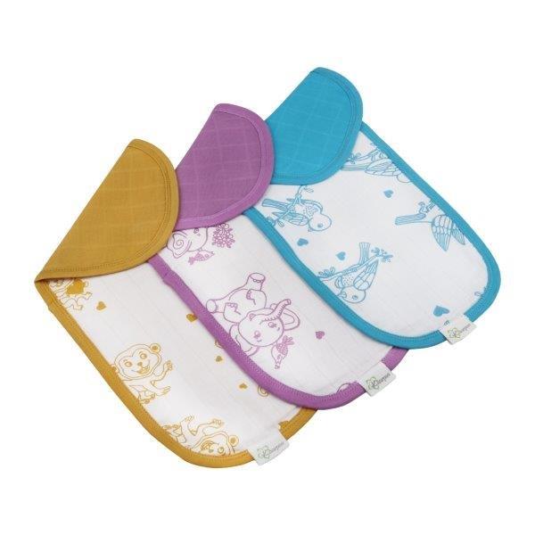 Kaarpas Premium Organic Cotton Muslin Burp Wash Cloth with Adorable Animal of Monkey, Elephant, Sparrow, Pack of 3 - Tinycubs - 